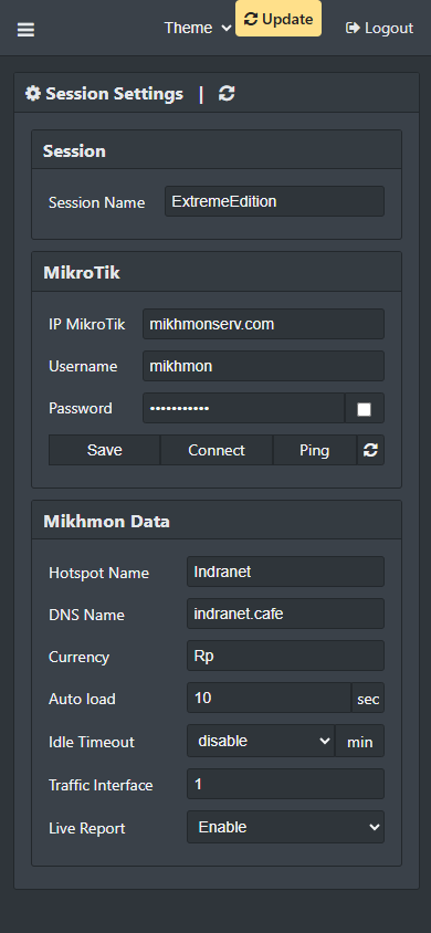 Halaman Session Settings Mikhmon
