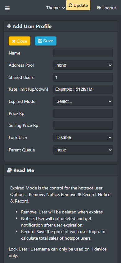 Form menambah profile hotspot