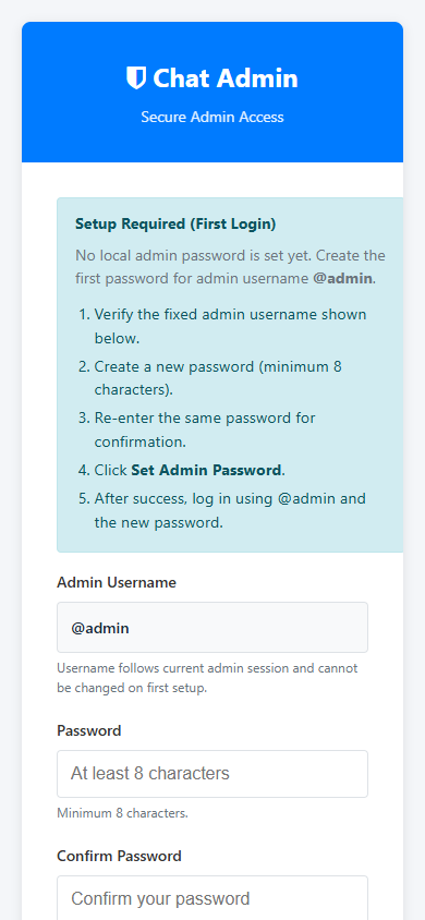 Form setup password admin pertama chat