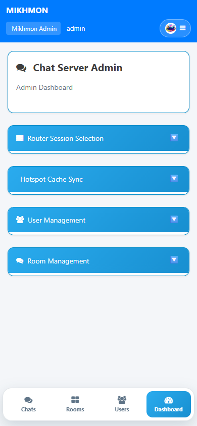 Dashboard chat admin untuk sync cache dan router session