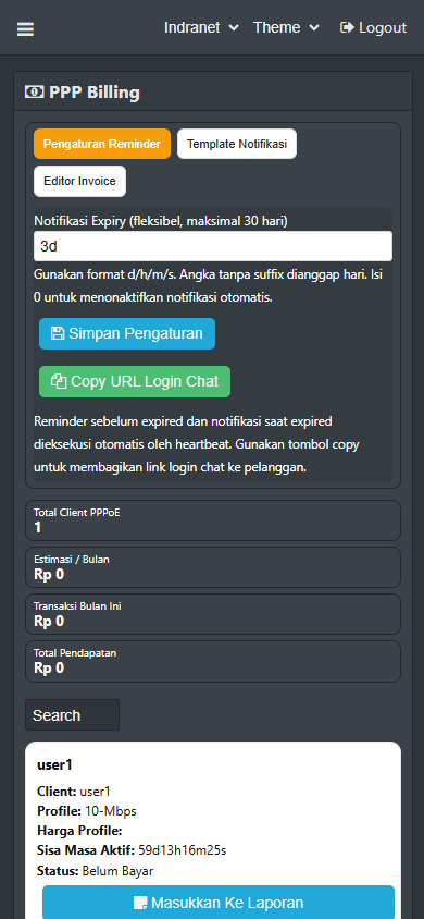 Halaman ppp billing untuk reminder dan transaksi